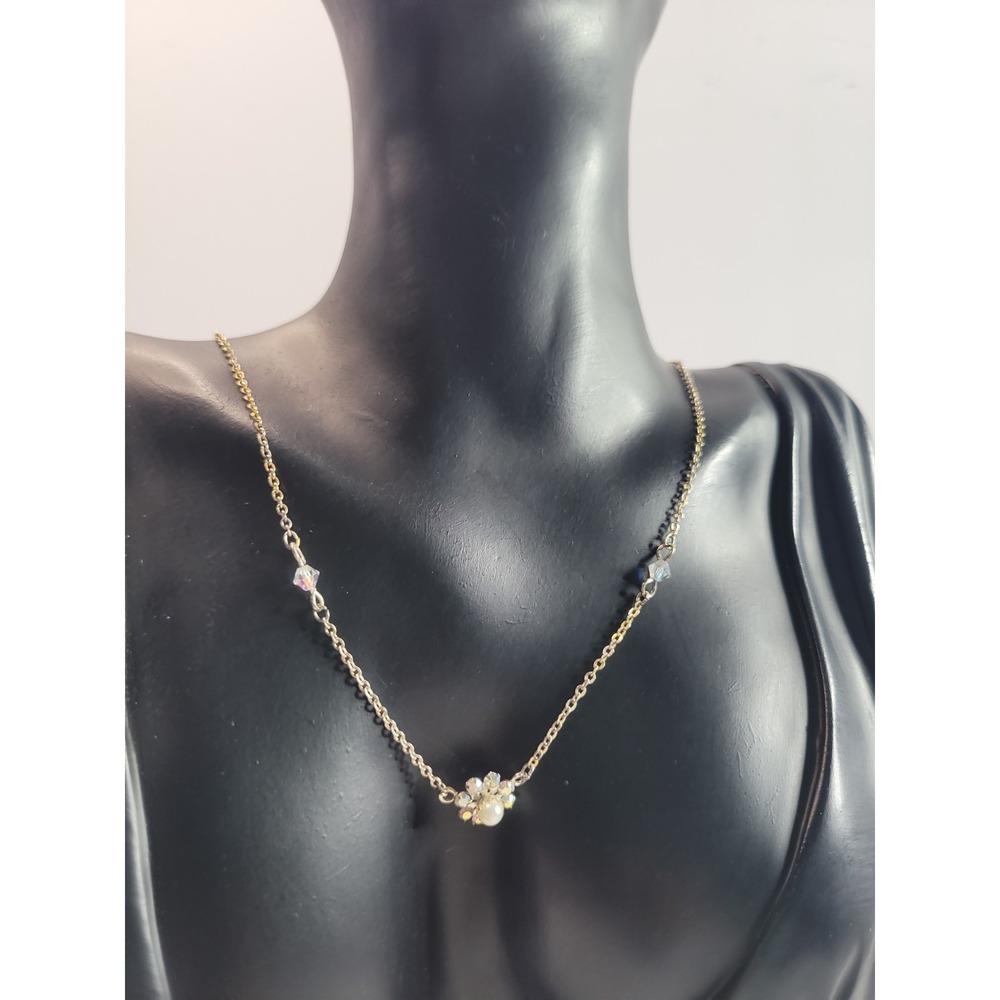 Gold Tone Floral Necklace White Accents Delicate Flower Pendant